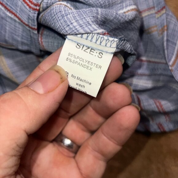 Women Small Blue Stripe Collar Button Up Roll up Short Sleeve Poly Shirt (P) - Picture 6 of 7